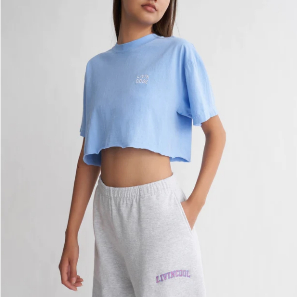 NWT Baby Blue Livin Cool Embroidered Boxy Baby Tee